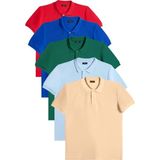 Tudors Erkek 5'li Pkt Kırmızı-Saks Mavi-Zümrüt Yeşili-Mavi-Bej Slim Fit Pamuklu Düz Pike Polo Yaka Tişört - Çok Renkli
