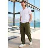 Tudors Erkek Baggy Fit Geniş Kesim %100 Pamuk Beli Lastikli Yandan Cepli Müslin Haki Düz Pantolon
