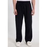 Tudors Erkek Baggy Fit Geniş Kesim %100 Pamuk Beli Lastikli Yandan Cepli Müslin Siyah Düz Pantolon-46259