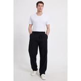 Tudors Erkek Baggy Fit Geniş Kesim %100 Pamuk Beli Lastikli Yandan Cepli Müslin Siyah Düz Pantolon - XL