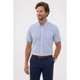 Tudors Erkek Klasik Fit Kısa Kollu Kareli Keten Efektli Cepli Gömlek, Mavi, 2XL