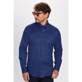 Tudors Erkek Modern Fit Dar Kesim Pamuklu Kolay Ütü Armürlü Lacivert Gömlek - 2XL