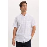 Tudors Erkek Regular Fit Klasik Kesim %100 Pamuk Kısa Kollu Kareli Keten Efektli Cepli Mavi Gömlek - 2XL