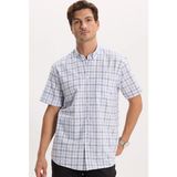 Tudors erkek Regular Fit Klasik Kesim %100 Pamuk Kısa Kollu Kareli Keten Efektli Cepli Mavi Gömlek - Mavi1 - 2XL