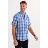 Tudors Erkek Regular Fit Klasik Kesim Oversize %100 Pamuk Keten Doku Cepli Kareli Kısa Kollu Gömlek - XL - Beyaz-Lacivert