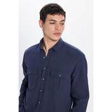 Tudors Erkek Regular Fit Klasik Kesim Oversize %100 Pamuk Keten Doku Çift Cep Lacivert Gömlek