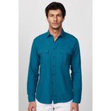 Tudors Erkek Regular Fit Klasik Kesim Oversize %100 Pamuk Keten Doku Çift Cep Petrol Renk Gömlek