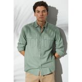 Tudors Erkek Regular Fit Klasik Kesim Oversize %100 Pamuk Keten Doku Çift Cep Yeşil Gömlek - 2XL