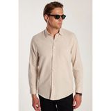 Tudors Erkek Regular Fit Klasik Kesim Oversize %100 Pamuk Keten Doku Tek Cepli Bej Gömlek - 2XL