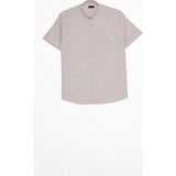 Tudors Erkek Regular Fit Klasik Kesim Oversize %100 Pamuk Keten Doku Tek Cepli Çizgili Kısa Kollu Bej Gömlek