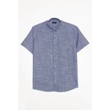 Tudors Erkek Regular Fit Klasik Kesim Oversize %100 Pamuk Keten Doku Tek Cepli Çizgili Kısa Kollu Lacivert Gömlek - 2XL