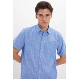Tudors Erkek Regular Fit Klasik Kesim Oversize %100 Pamuk Keten Doku Tek Cepli Çizgili Kısa Kollu Saks Mavi Gömlek