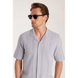 Tudors Erkek Regular Fit Klasik Kesim Oversize %100 Pamuk Keten Efekt Kısa Kollu Spor Apaş Yaka Gri Gömlek