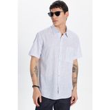 Tudors Erkek Regular Fit Klasik Kesim Oversize %100 Pamuk Kısa Kollu Keten Doku Tek Cep Çizgili Gömlek - Lacivert