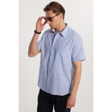 Tudors Erkek Regular Fit Klasik Kesim Oversize %100 Pamuk Kısa Kollu Keten Doku Tek Cep Çizgili Gömlek