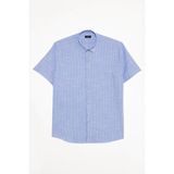 Tudors Erkek Regular Fit Klasik Kesim Oversize %100 Pamuk Kısa Kollu Keten Doku Tek Cepli Çizgili Mavi Gömlek - Mavi1 - 2XL