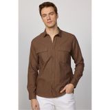 Tudors Erkek Regular Fit Klasik Kesim Oversize%100 Pamuk Keten Doku Çift Cep Kahverengi Gömlek, L Beden