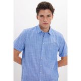 Tudors Erkek Regular Fit Klasik Kesim Oversize%100 Pamuk Keten Doku Çizgili Kısa Kol Saks Mavi Gömlek