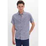 Tudors Erkek Regular Fit Klasik Kesim Oversize%100 Pamuk Keten Doku Çizgili Kısa Kollu Gömlek, Lacivert, L
