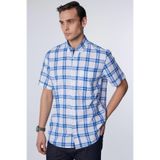 Tudors Erkek Regular Fit Klasik Kesim Oversize%100 Pamuk Keten Doku Kareli Düğmeli Yaka Gömlek, Mavi, L Beden