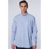 Tudors Erkek Regular Fit Klasik Kesim Oversize%100 Pamuk Keten Doku Kareli Düğmeli Yaka Gömlek, Mavi, M Beden