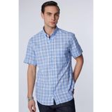Tudors Erkek Regular Fit Klasik Kesim Oversize%100 Pamuk Keten Doku Kareli Düğmeli Yaka Gömlek, Mavi, XL