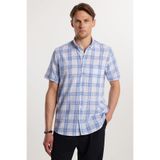 Tudors Erkek Regular Fit Klasik Kesim Oversize%100 Pamuk Keten Doku Kareli Kısa Kollu Gömlek, Mavi, L