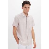 Tudors Erkek Regular Fit Oversize Çizgili Kısa Kol Bej Gömlek,%100 Pamuk Keten Doku, Tek Cep, XL Beden