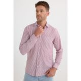 Tudors Erkek Regular Fit Oversize Uzun Kol Gömlek,%100 Pamuk Keten Doku, Cepli, Bordo Çizgili, XL