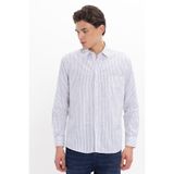 Tudors Erkek Regular Fit Oversize Uzun Kollu Gömlek,%100 Pamuk Keten Doku, Tek Cepli, Lacivert Çizgili, L Beden