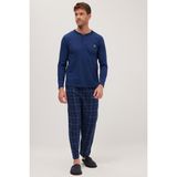 Tudors Erkek Regular Fit Pamuklu Düğmeli Yaka Beli Lastikli Desenli Indigo Pijama Takımı - 2XL