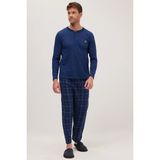 Tudors Erkek Regular Fit Pamuklu Düğmeli Yaka Beli Lastikli Desenli İndigo Pijama Takımı - Indigo