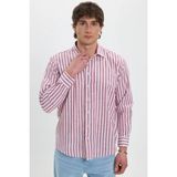 Tudors Erkek Regular Fit Rahat Kesim %100 Pamuk Çizgili Keten Efektli Bordo Gömlek - XL