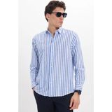Tudors Erkek Regular Fit Rahat Kesim %100 Pamuk Çizgili Keten Efektli Saks Mavi Gömlek - 2XL