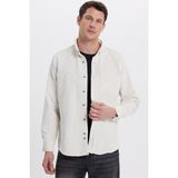 Tudors Erkek Regular Fit Rahat Kesim Fitilli Kadife Görünüm Düğmeli Yaka Krem Rengi Ceket Gömlek - 2XL