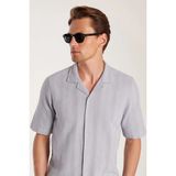 Tudors Erkek Regular Fit Rahat Kesim Oversize %100 Pamuk Keten Efekt Kısa Kollu Spor Apaş Yaka Gri Gömlek