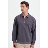 Tudors Erkek Relax Fit Pamuklu 3 İplik Fermuarlı Polo Yaka Sweatshirt, Koyu Gri, M