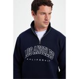 Tudors Erkek Relax Fit Pamuklu 3 İplik İçi Polarlı Yarım Fermuarlı Baskılı Sweatshirt, Lacivert, L