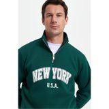 Tudors Erkek Relax Fit Pamuklu Yarım Fermuarlı Baskılı Sweatshirt, Haki, S