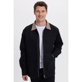 Tudors Erkek Relax Fit Rahat Kesim Gabardin Düz Fermuarlı Kanguru Cepli Kontrast Yaka Siyah Gömlek Ceket - 2XL
