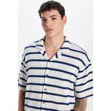 Tudors Erkek Relax Fit Rahat Kesim Kısa Kollu Pamuklu Örme Doku çizgili Apaş Yaka Gömlek - XL - Multicolor