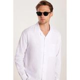 Tudors Erkek Relax Fit Rahat Kesim Oversize %100 Pamuk Keten Doku Apaş Yaka Beyaz Gömlek - 2XL