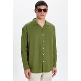 Tudors Erkek Relax Fit Rahat Kesim Oversize %100 Pamuk Keten Doku Apaş Yaka Haki Gömlek