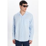 Tudors Erkek Relax Fit Rahat Kesim Oversize %100 Pamuk Keten Doku Apaş Yaka Mavi Gömlek
