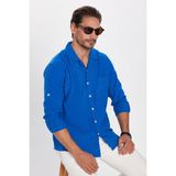 Tudors Erkek Relax Fit Rahat Kesim Oversize %100 Pamuk Keten Doku Apaş Yaka Saks Mavi Gömlek