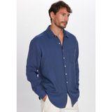 Tudors Erkek Relax Fit Rahat Kesim Oversize Müslin Viskon Pamuklu Tek Cepli Düz İndigo Gömlek