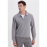 Tudors Erkek Relax Fit Rahat Kesim Pamuklu 3 Iplik Fermuarlı Polo Yaka Gri Sweatshirt - 2XL