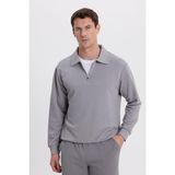 Tudors Erkek Relax Fit Rahat Kesim Pamuklu 3 İplik Fermuarlı Polo Yaka Gri Sweatshirt