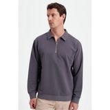 Tudors Erkek Relax Fit Rahat Kesim Pamuklu 3 Iplik Fermuarlı Polo Yaka Koyu Gri Sweatshirt - 2XL