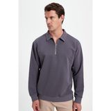 Tudors Erkek Relax Fit Rahat Kesim Pamuklu 3 İplik Fermuarlı Polo Yaka Koyu Gri Sweatshirt